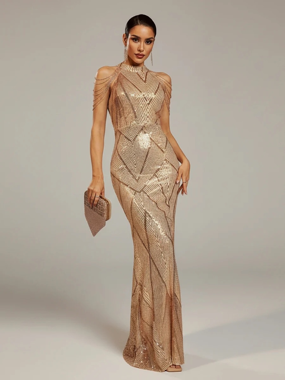 Gold Sequin Cold-Shoulder Evening Dress